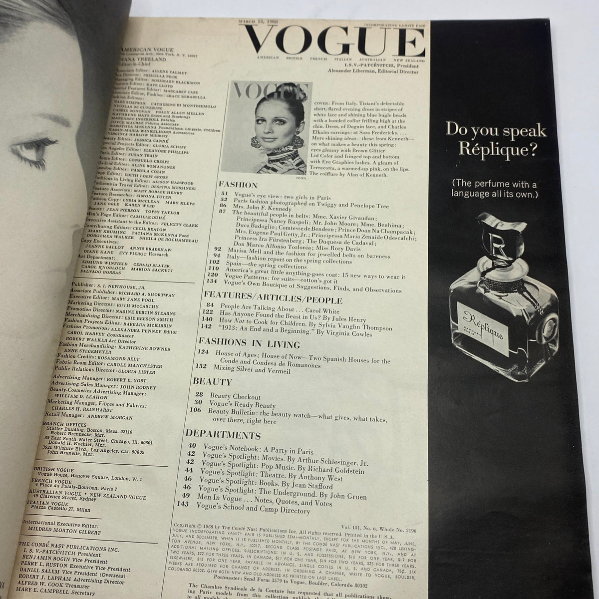 Inside page of VTG Vogue Magazine March 15 1968 showcasing contents and features including articles on fashion, beauty, and lifestyle. Features photography by Irving Penn and highlights iconic fashion trends.