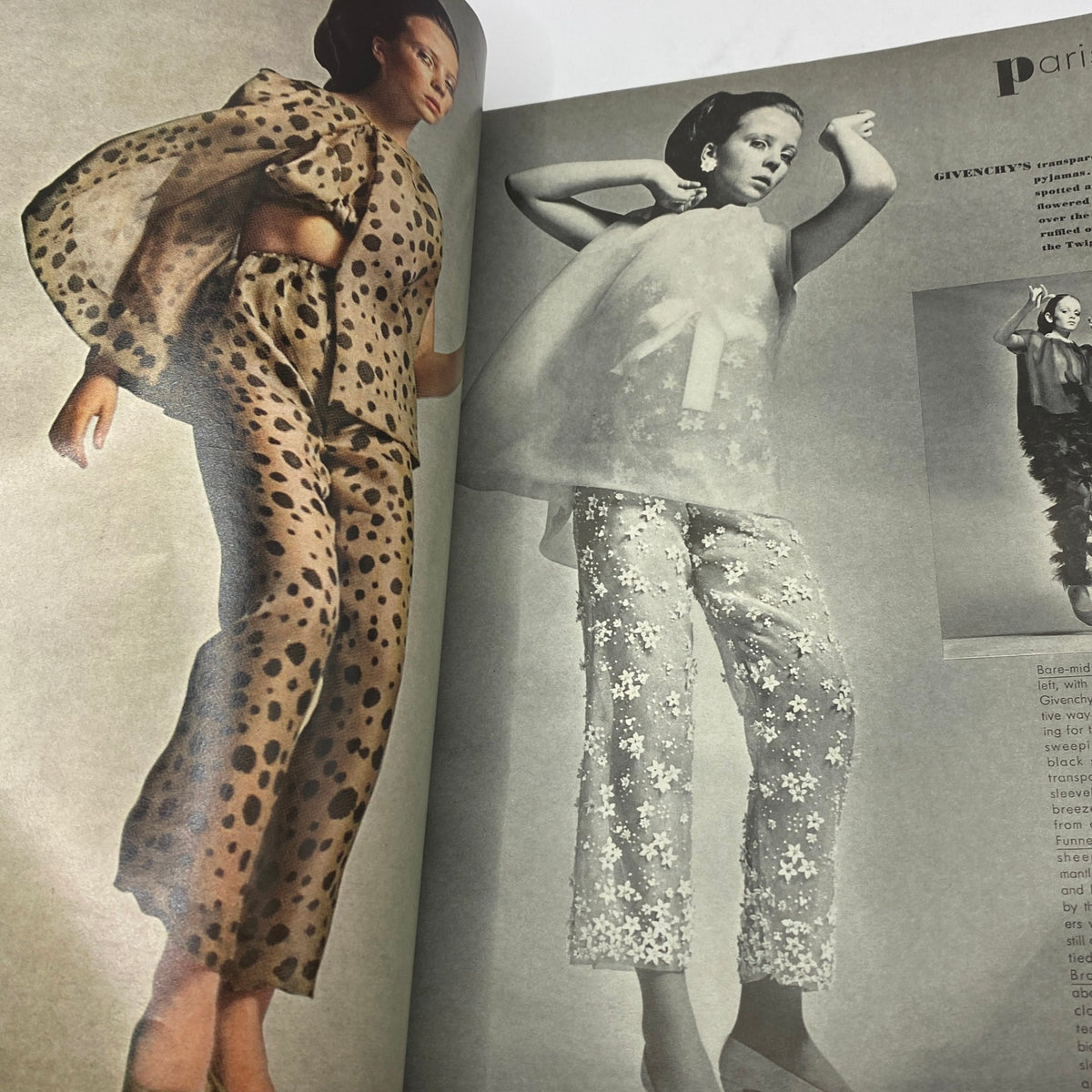 Vogue Magazine March 15 1968 featuring a fashion spread with model showcasing polka dot and floral patterned outfits, highlighting 1960s fashion trends.