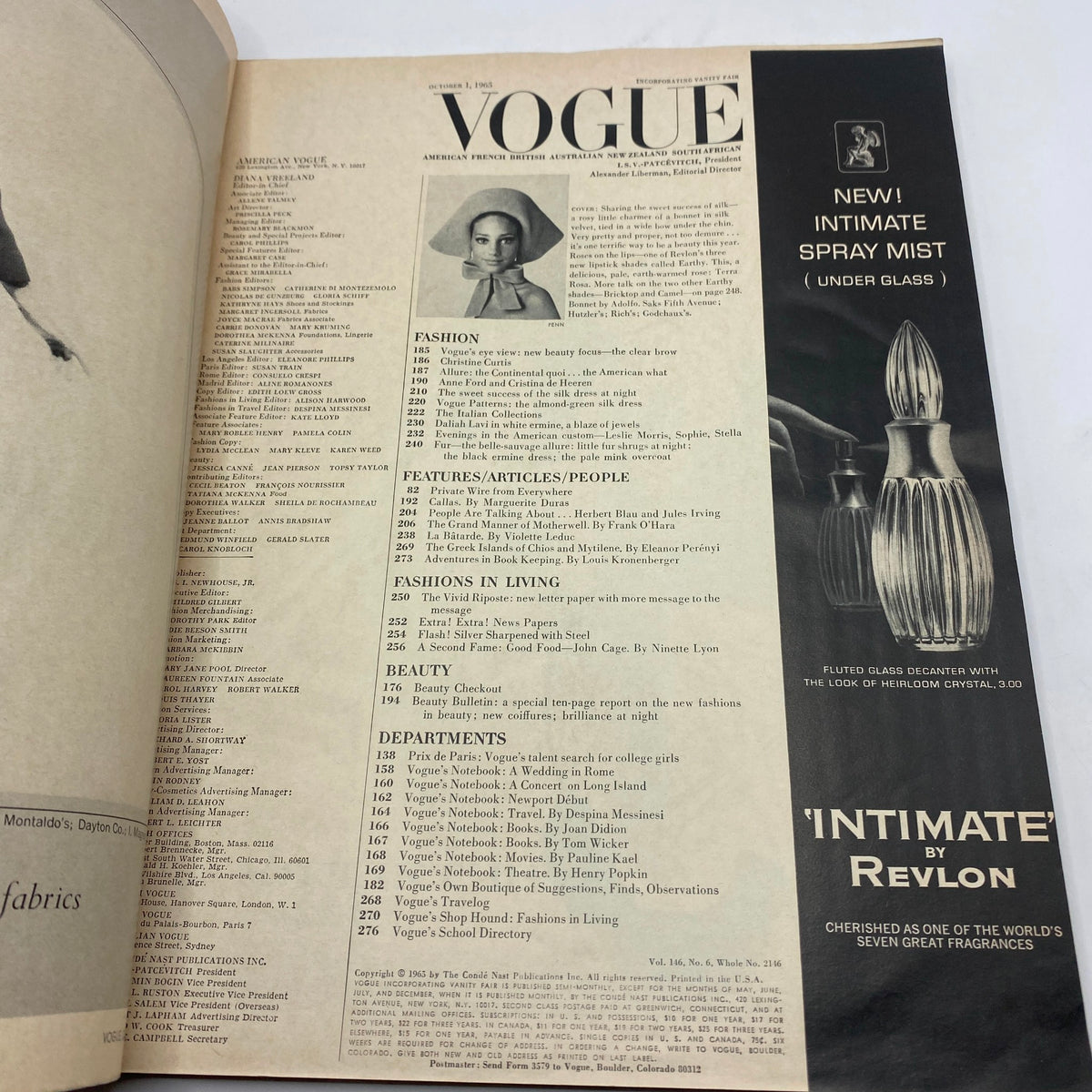Inside page of VTG Vogue Magazine October 1 1965 featuring the table of contents and articles with a cover photo of a model wearing a hat, showcasing iconic fashion content.