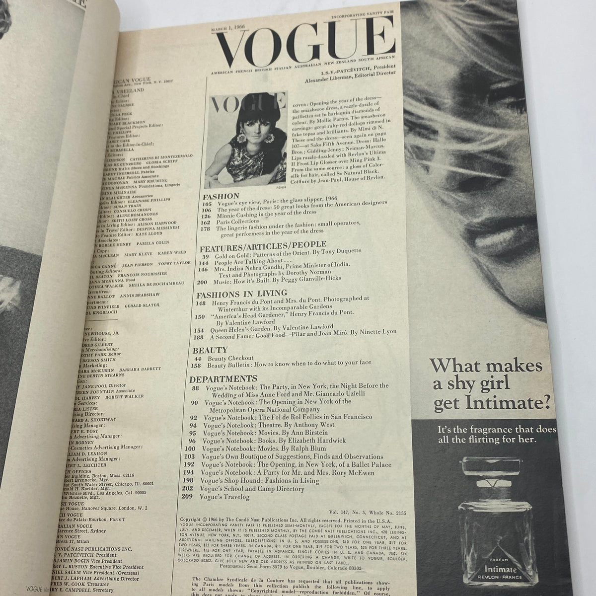 Contents page of VTG Vogue Magazine March 1 1966 featuring articles and features, highlighting the iconic Mirella Pettini cover photographed by Irving Penn.
