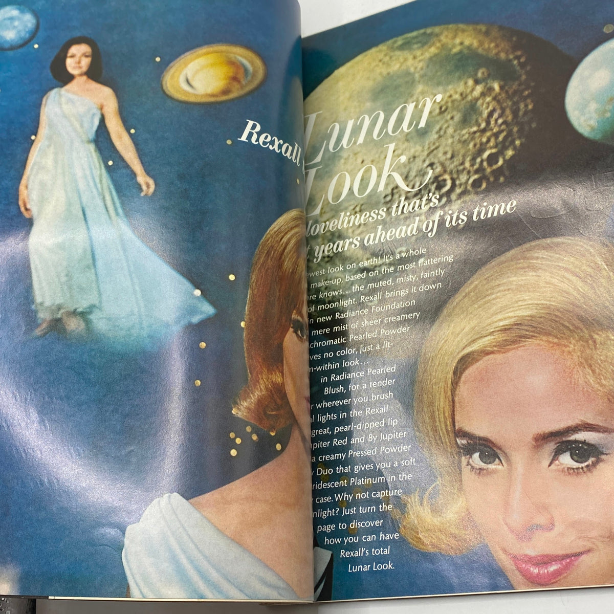 Colorful fashion spread from VTG Vogue Magazine March 1 1966 showcasing the 'Lunar Look' with two models, featuring stylish outfits and celestial themes.