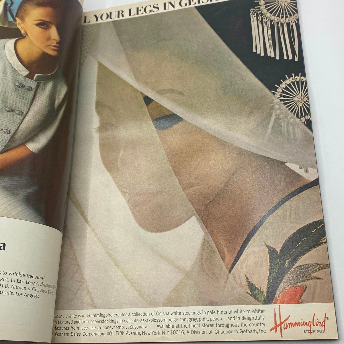 Vintage advertisement from VTG Vogue Magazine March 1 1966 featuring a model in a stylish outfit promoting Hummingbird stockings. The ad highlights the elegance of 1960s fashion and beauty.