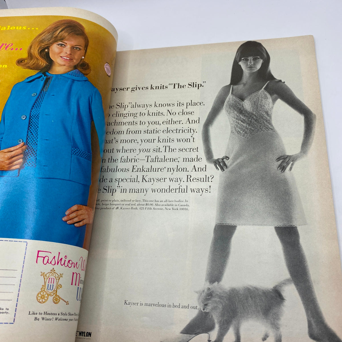 Advertisement page from the VTG Vogue Magazine August 15 1966 featuring a model wearing a stylish blue outfit, promoting Kayser knitting products.