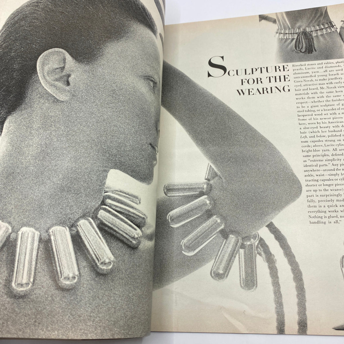 Editorial spread from VTG Vogue Magazine January 15 1968 featuring a model adorned with unique jewelry, titled 'Sculpture for the Wearing'.