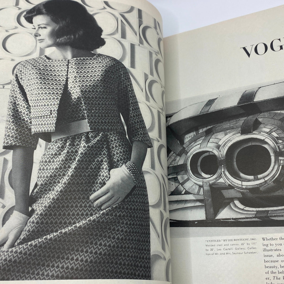 Another interior spread from VTG Vogue Magazine January 15, 1963 displaying a model in a patterned outfit and contemporary art background.