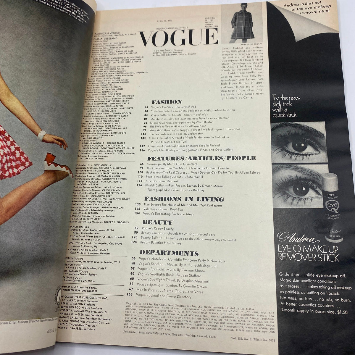 Interior page of VTG Vogue Magazine April 15 1970 featuring fashion listings, articles, and beauty tips.