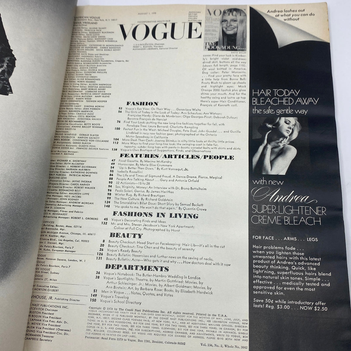 Inside page of VTG Vogue Magazine August 1 1970 displaying the contents and articles including features on fashion and beauty.