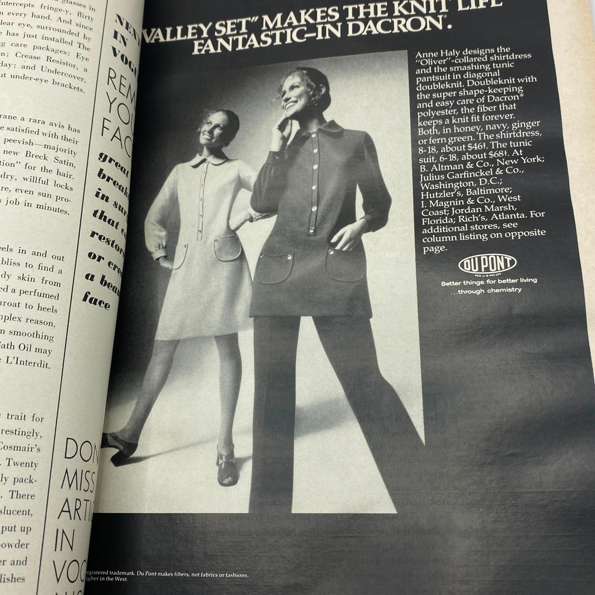 VTG Vogue Magazine August 1 1970 displaying two models in fashionable knit dresses, promoting stylish designs and trends popular in the 1970s.