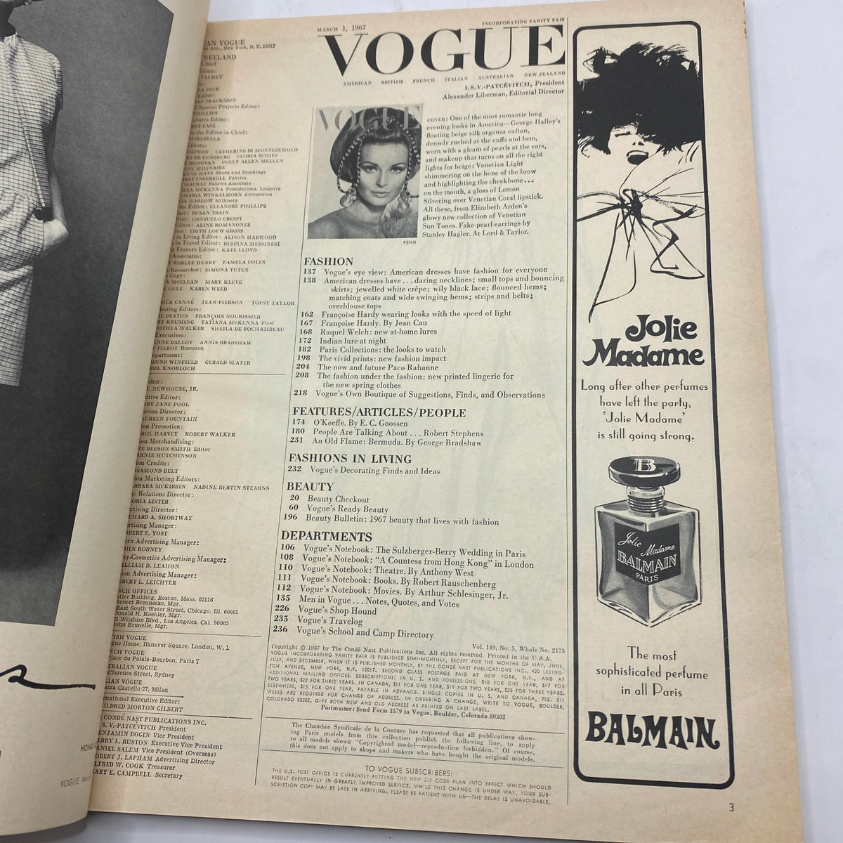 Inside page of VTG Vogue Magazine March 1 1967 showcasing a feature article with model and content overview, photographed by Irving Penn.