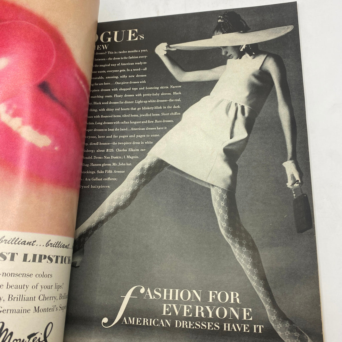 Vintage Vogue Magazine March 1 1967 advertisement showing a model in a stylish white dress and oversized hat, promoting American fashion. Photographed by Irving Penn.