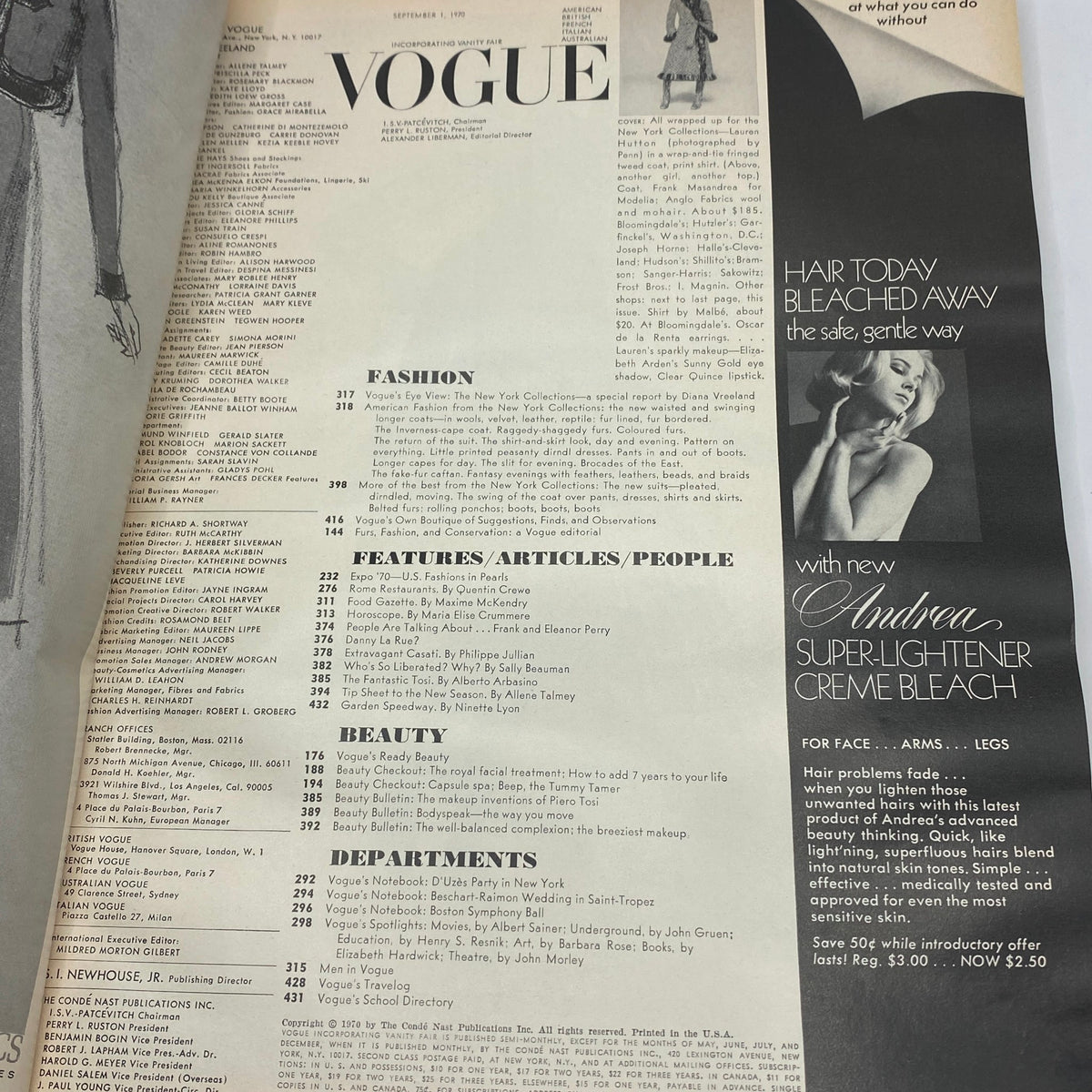 Inside page of VTG Vogue Magazine September 1 1970 featuring articles and fashion sections, highlighting 1970s style trends.