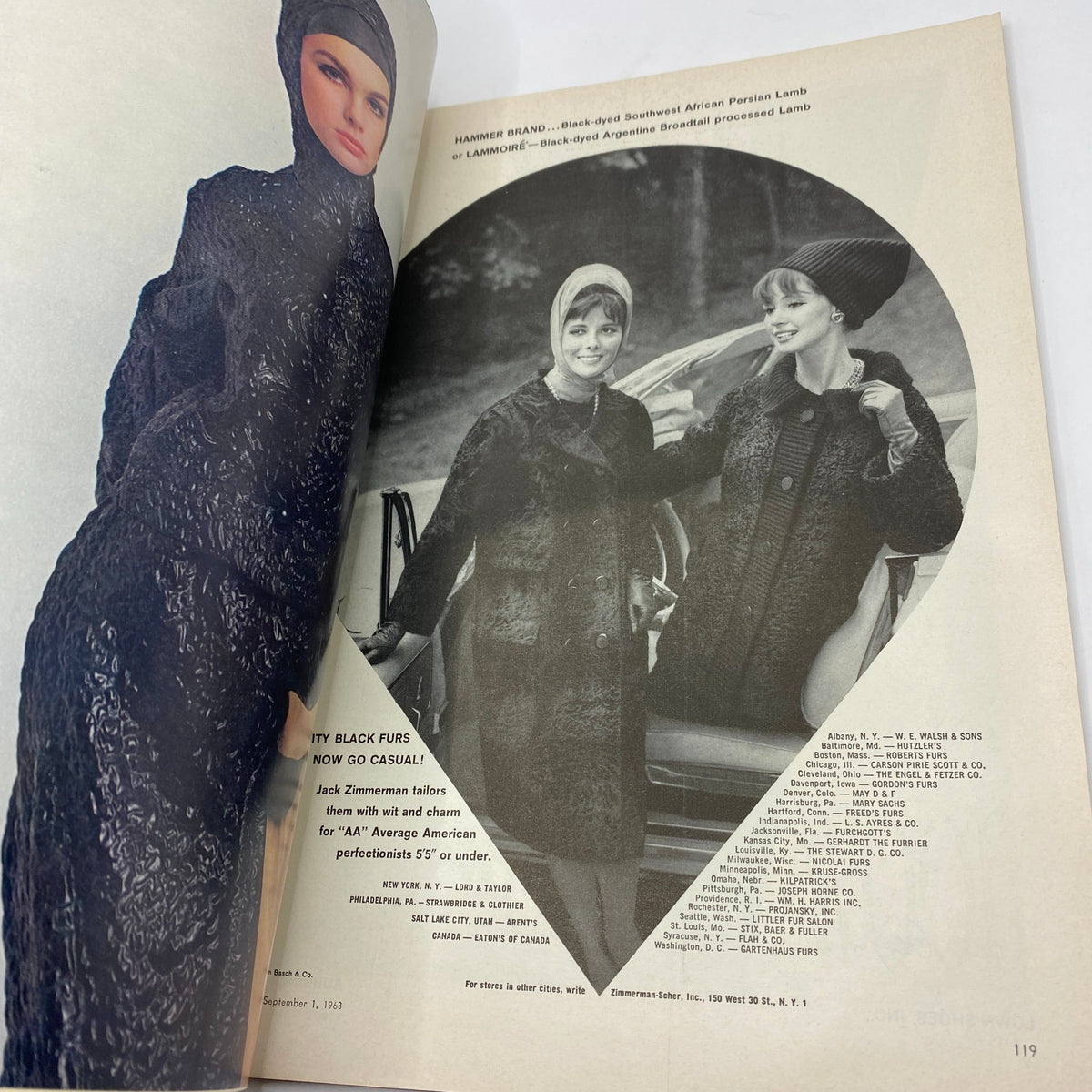 VTG Vogue Magazine September 1 1963 presenting a glamorous fashion editorial featuring models in stylish black fur coats, exemplifying 1960s fashion elegance.