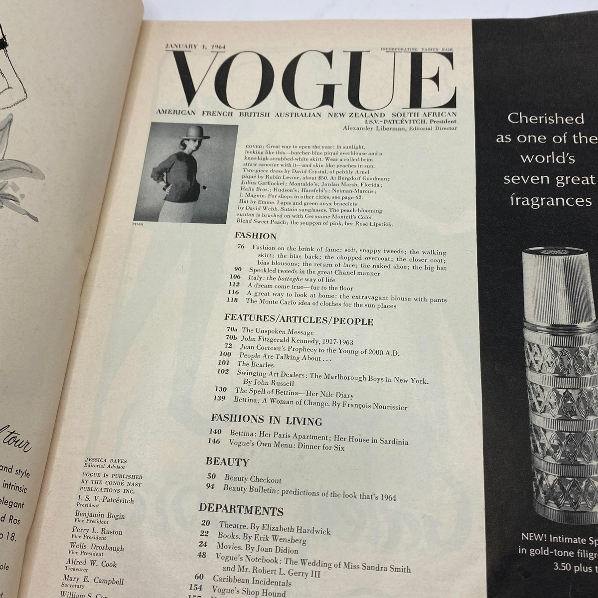 Interior page of vintage Vogue Magazine January 1, 1964 featuring articles on fashion and style, including a photograph by Irving Penn and editorial content from that era.