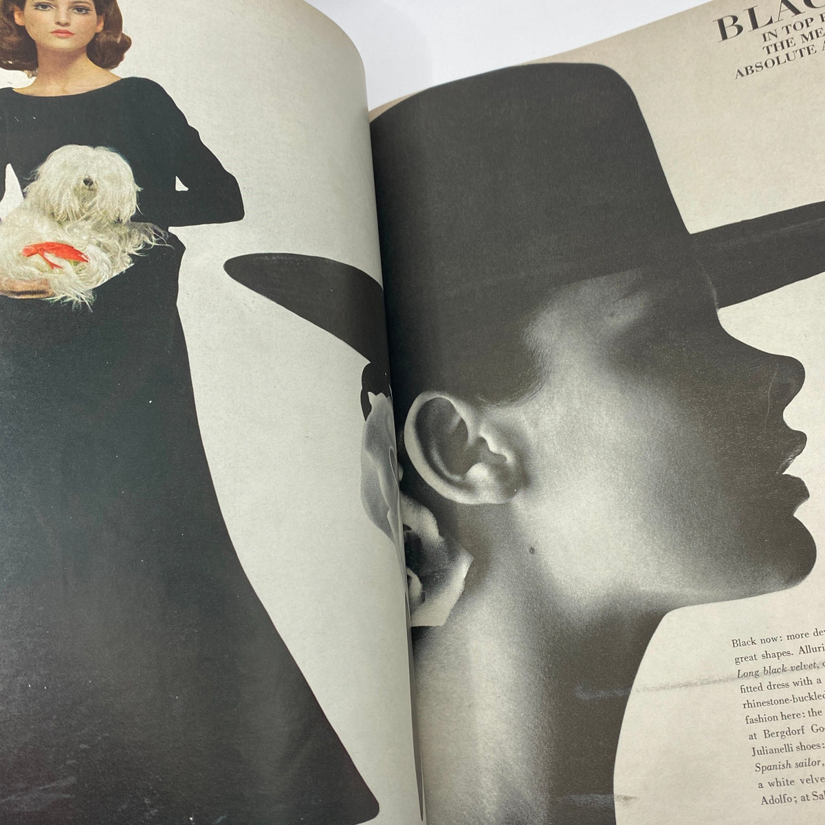Fashion editorial from VTG Vogue Magazine August 15 1964 Brigitte Bauer by Irving Penn showcasing a model in a black dress holding a small dog.