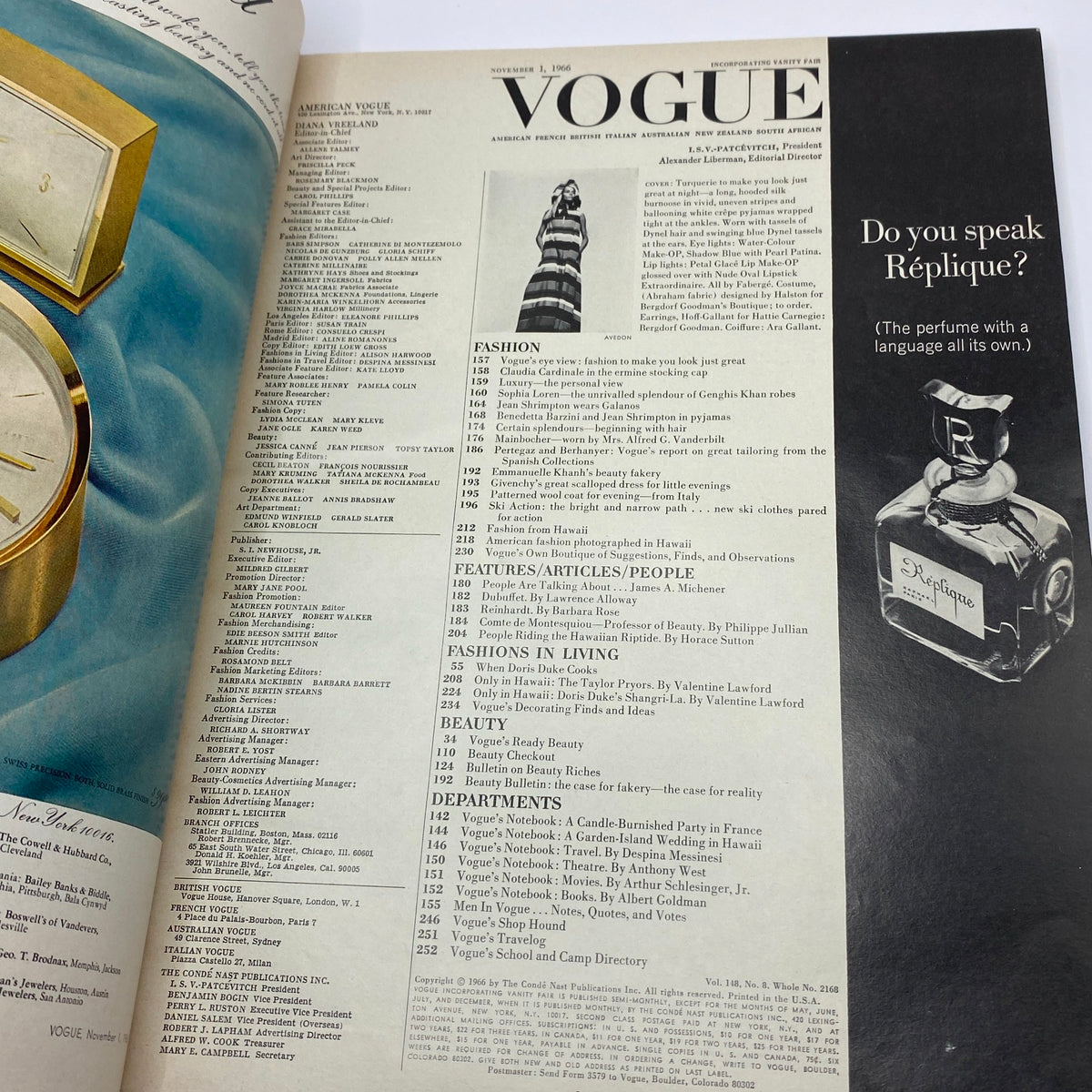 Inside page of VTG Vogue Magazine November 1 1966 featuring the table of contents and advertisements, showcasing fashion and culture from the 1960s.