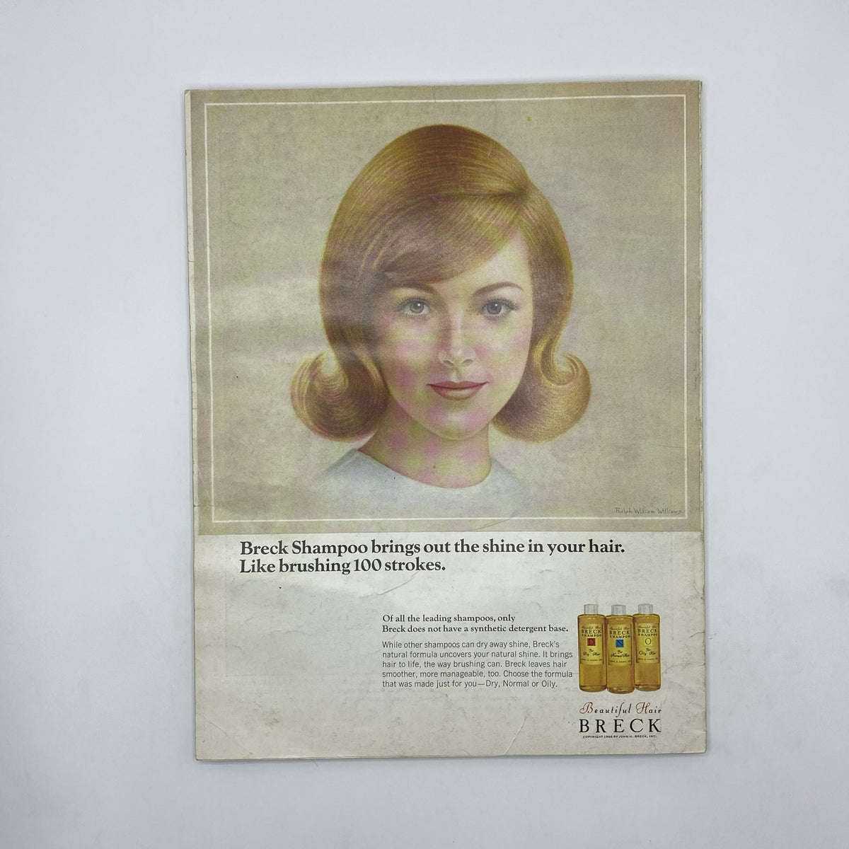 Breck Shampoo advertisement from VTG Vogue Magazine April 15 1966 featuring a woman with shiny hair, promoting hair care with a vintage aesthetic.