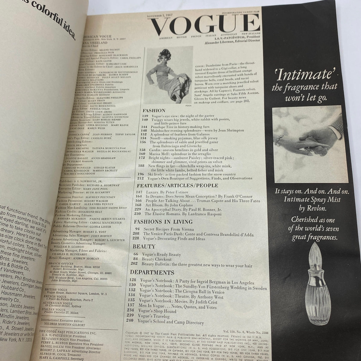 Inside page of VTG Vogue Magazine November 1 1967 featuring contents and fashion articles, showcasing a vintage style layout. Featuring photography by Irving Penn and highlighting Sue Murray, this magazine offers insights into 1960s fashion.