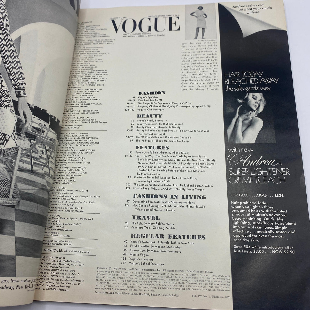Interior page of VTG Vogue Magazine January 1 1971 featuring various sections including Fashion, Beauty, Features, and Travel, showcasing iconic retro styles and advertisements.