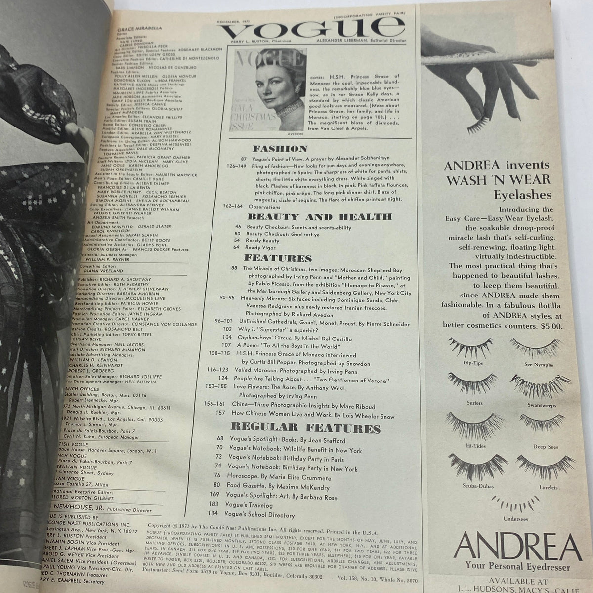 Page from VTG Vogue Magazine December 1971 featuring a table of contents and advertisements including beauty products, showcasing Princess Grace of Monaco on the cover.
