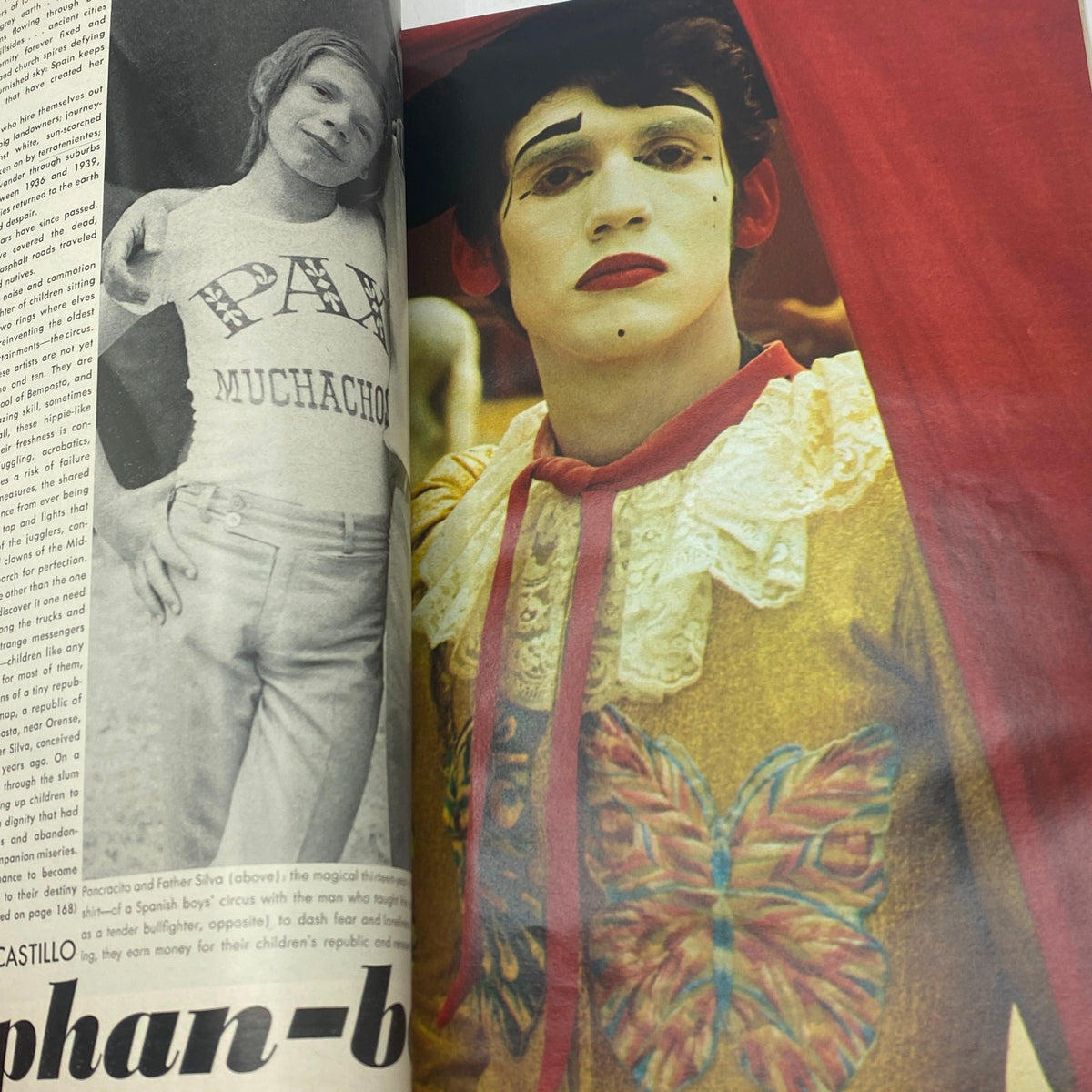 A vintage image from VTG Vogue Magazine December 1971 depicting a child and a performer in makeup, highlighting cultural aspects and artistic expression of the era.