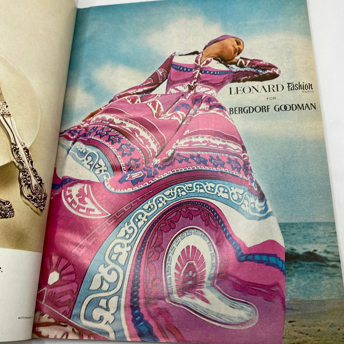 Colorful fashion advertisement from the VTG Vogue Magazine March 15 1972, presenting a model in bold patterns and designs, highlighting 1970s fashion trends.
