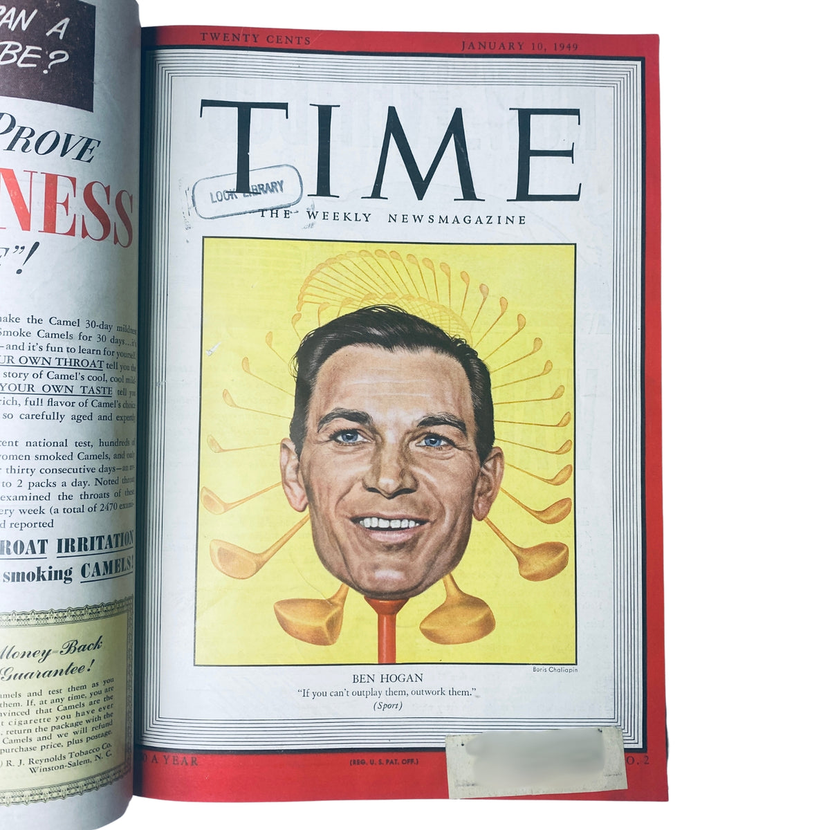 Cover of Time Magazine from January 10, 1949 featuring Ben Hogan, depicting a portrait of the golf champion with colorful graphics, emphasizing his significant impact in sports.