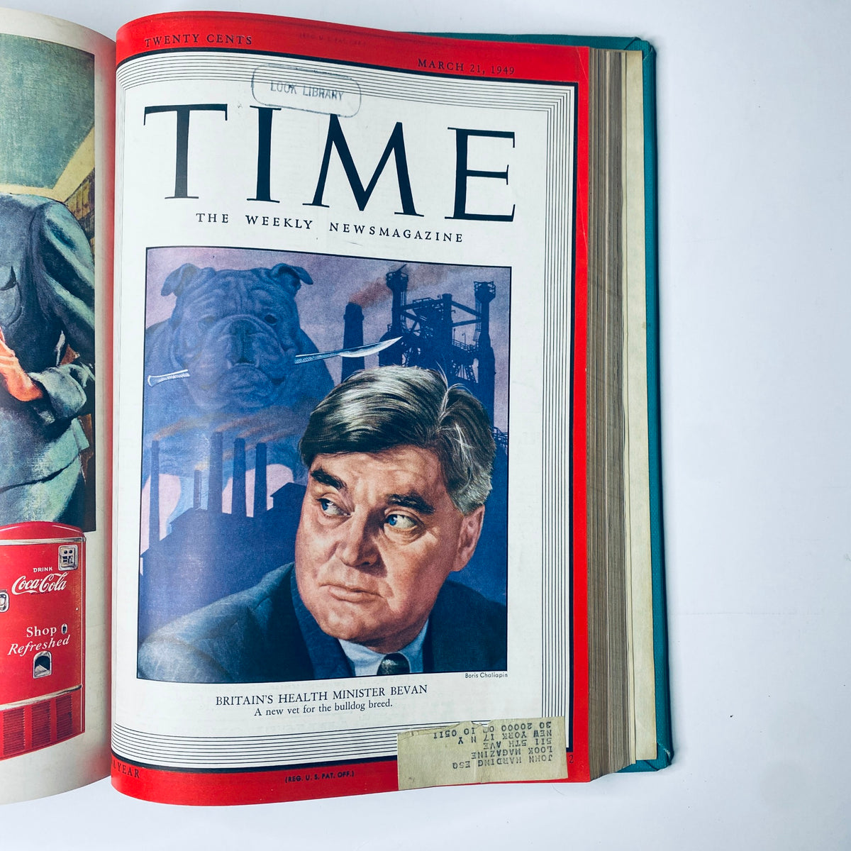 Cover of Time Magazine Library Bound Weekly January 3 to March 28, 1949 featuring Britain's Health Minister Aneurin Bevan. The cover includes an illustration along with the 'Look Library' label. Highlights the issue date of March 21, 1949.