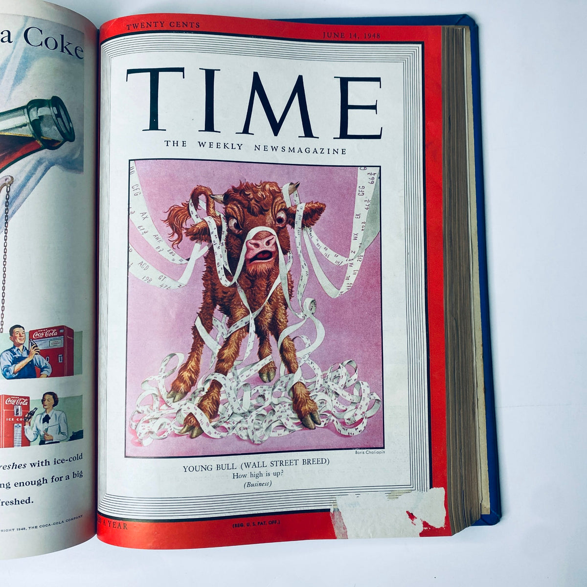 Time Magazine Library Bound Weekly April 5 to June 28, 1948 cover featuring a whimsical young bull symbolizing Wall Street's growing economy.