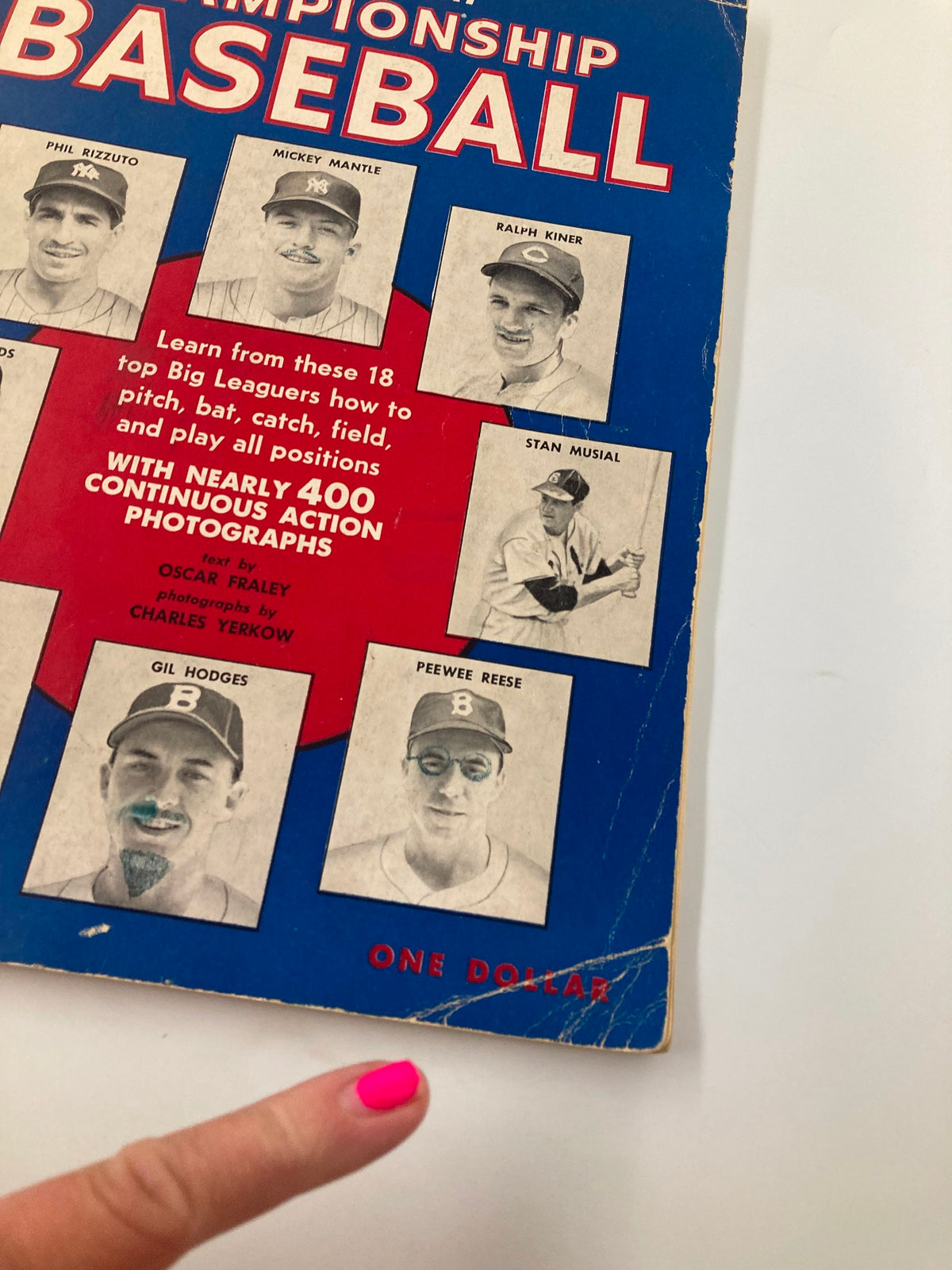 Detail of 'September 30 1956 How To Play Championship Baseball' program cover highlighting Mickey Mantle and Ralph Kiner among other baseball legends.