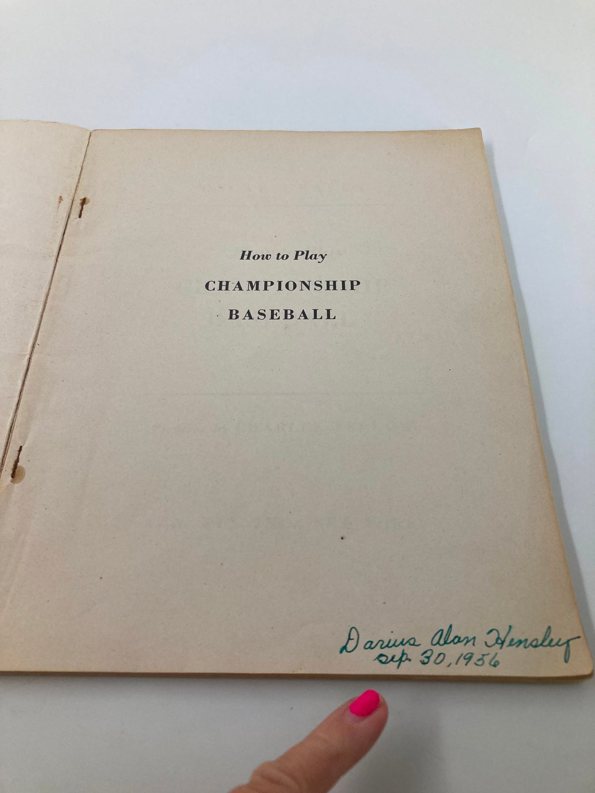 Inside page of the September 30 1956 How To Play Championship Baseball program, showing a handwritten signature and date.