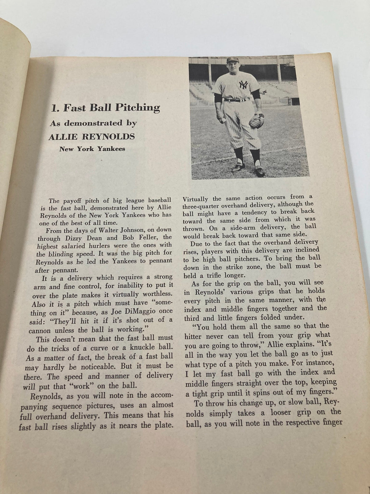 Fast Ball Pitching section from the September 30 1956 How To Play Championship Baseball program, featuring Allie Reynolds.