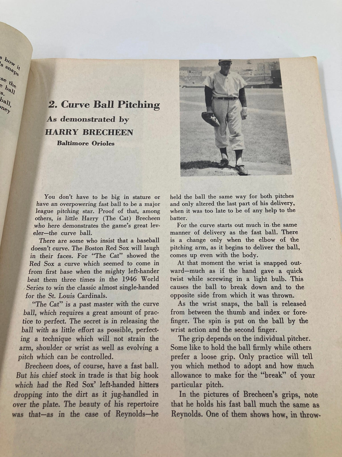 Curve Ball Pitching section from the September 30 1956 How To Play Championship Baseball program, demonstrated by Harry Brecheen.