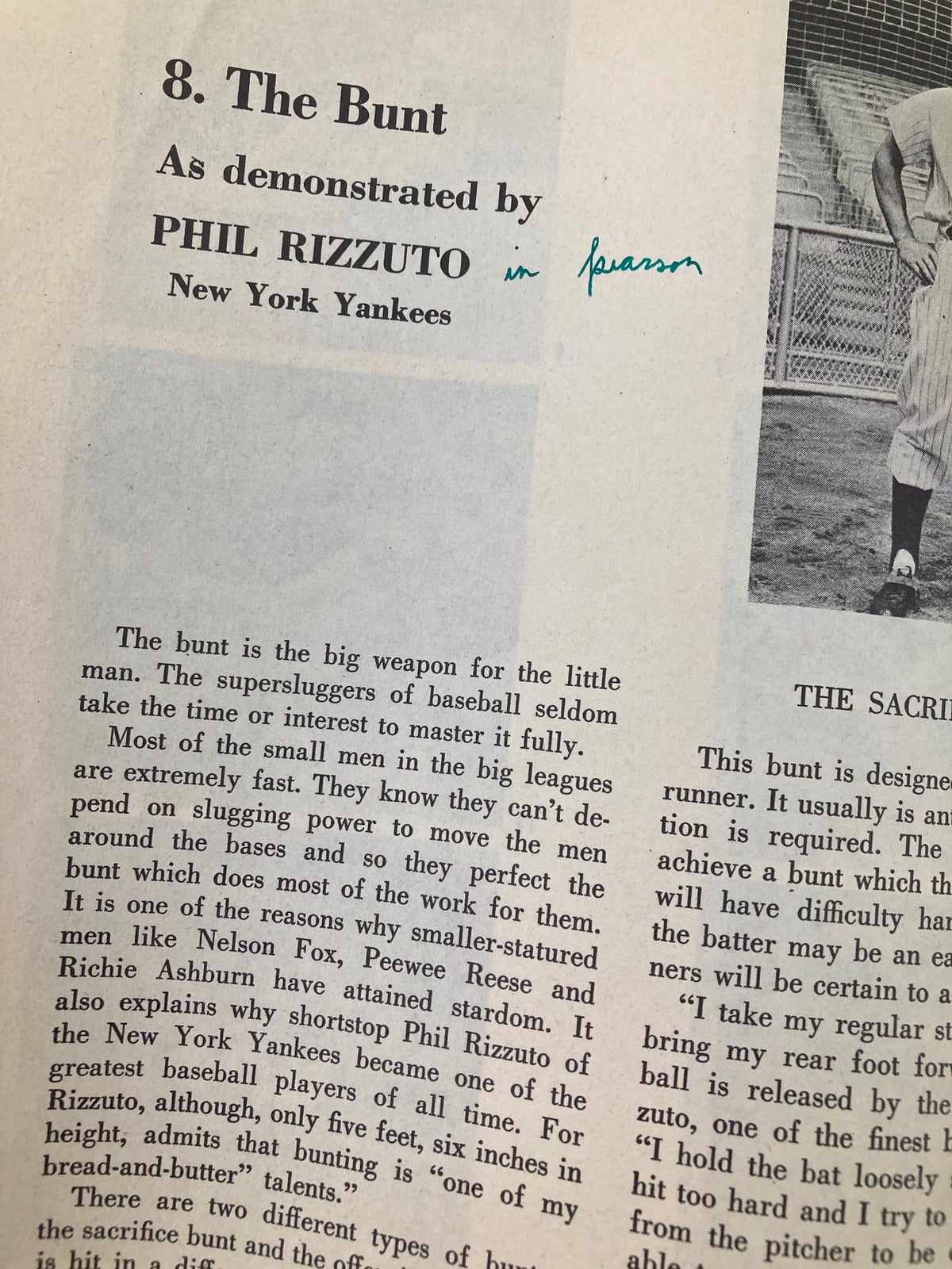 Image from September 30 1956 How To Play Championship Baseball showcasing the bunt strategy by Phil Rizzuto of the New York Yankees.