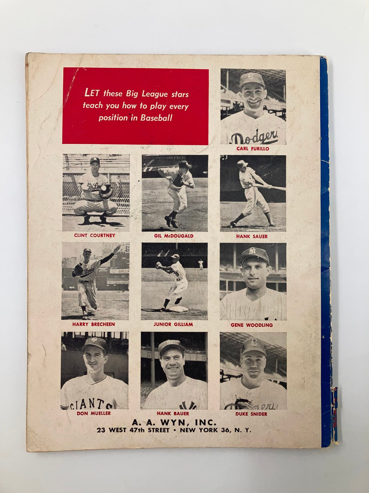Back cover of the September 30 1956 How To Play Championship Baseball program, featuring photos of famous players including Clint McDougald and Hank Sauer.