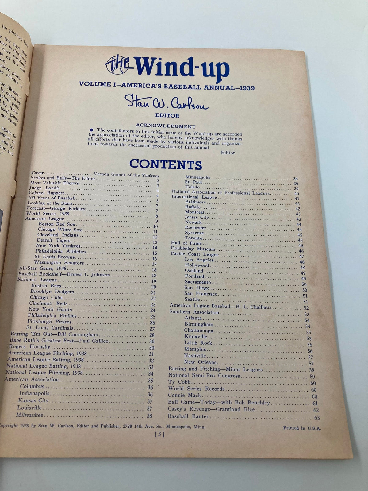 Interior page of 1939 America's Baseball Annual: The Wind-up, showcasing the contents section edited by Stan W. Carlson, featuring articles and statistics related to baseball.