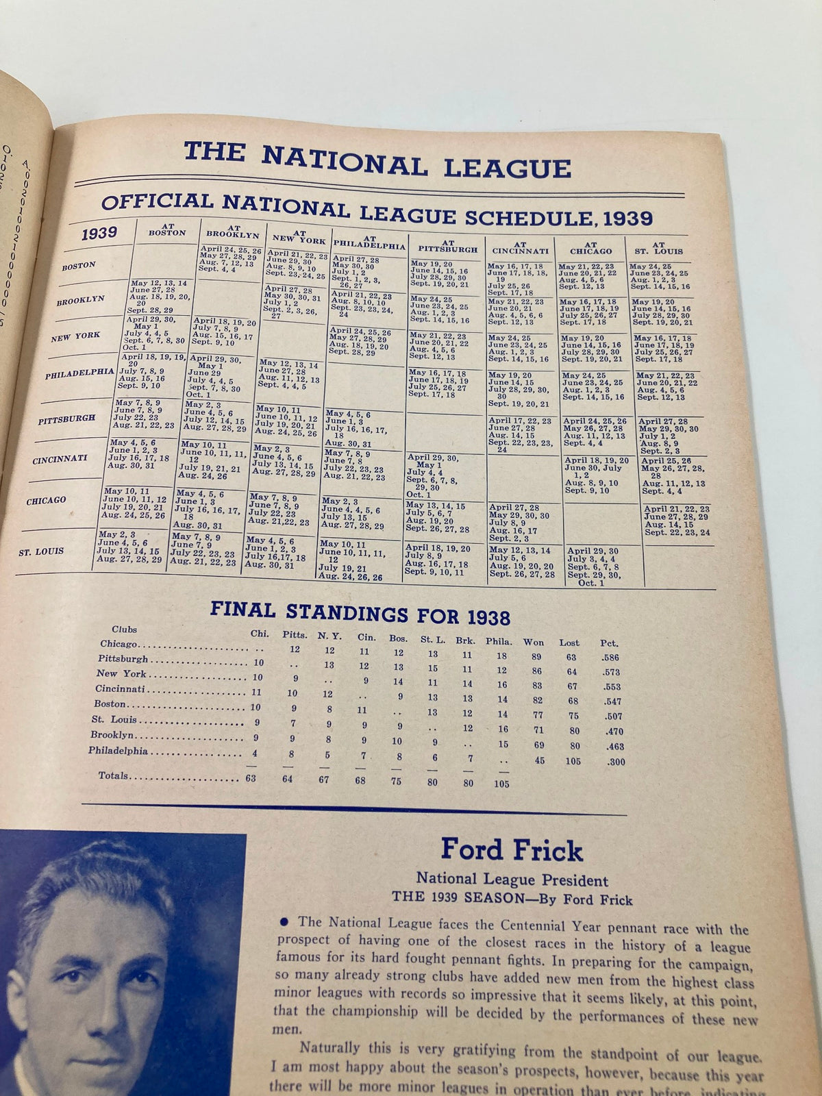 Official National League schedule from 1939 included in 1939 America's Baseball Annual: The Wind-up, detailing team matchups and results from the previous season.