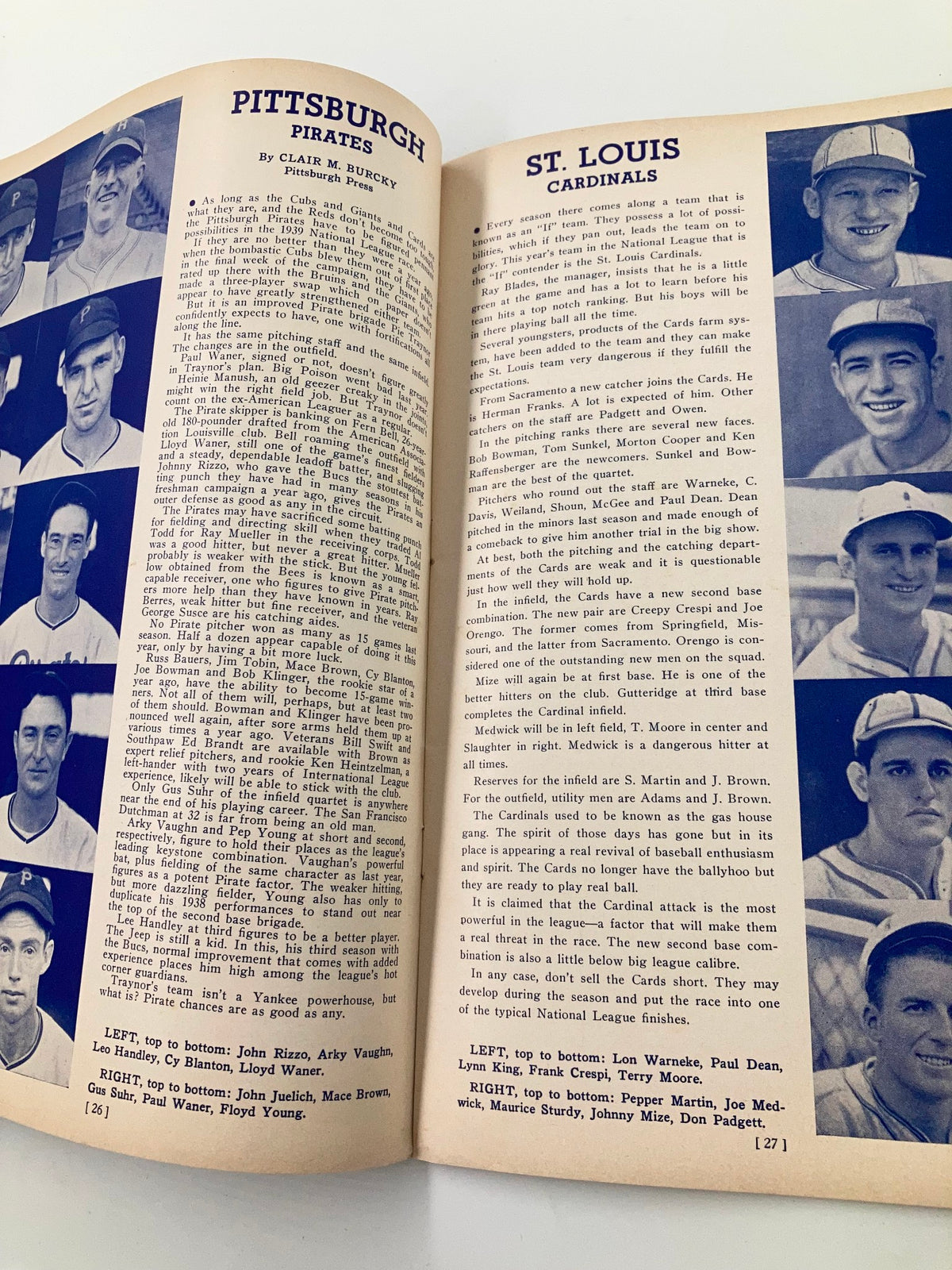 Inside pages of 1939 America's Baseball Annual: The Wind-up MLB featuring articles on Pittsburgh Pirates and St. Louis Cardinals, highlighting player statistics and team analysis.