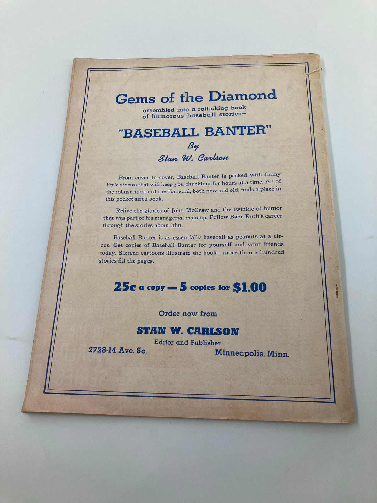 Back cover of 1939 America's Baseball Annual: The Wind-up MLB promoting the humorous baseball book 'Baseball Banter' by Stan W. Carlson.