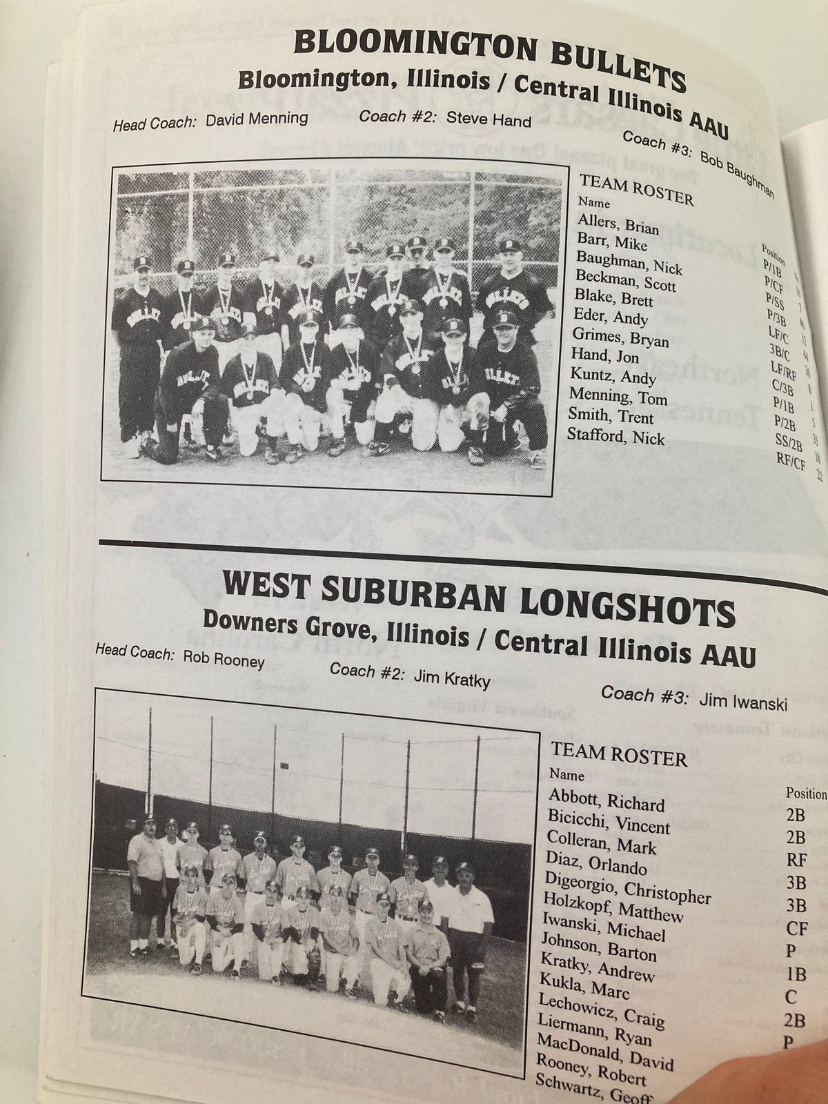 August 2-9 1996 AAU 14 & Under National Baseball Championship Official Program showcasing the Bloomington Bullets and West Suburban Longshots team rosters.