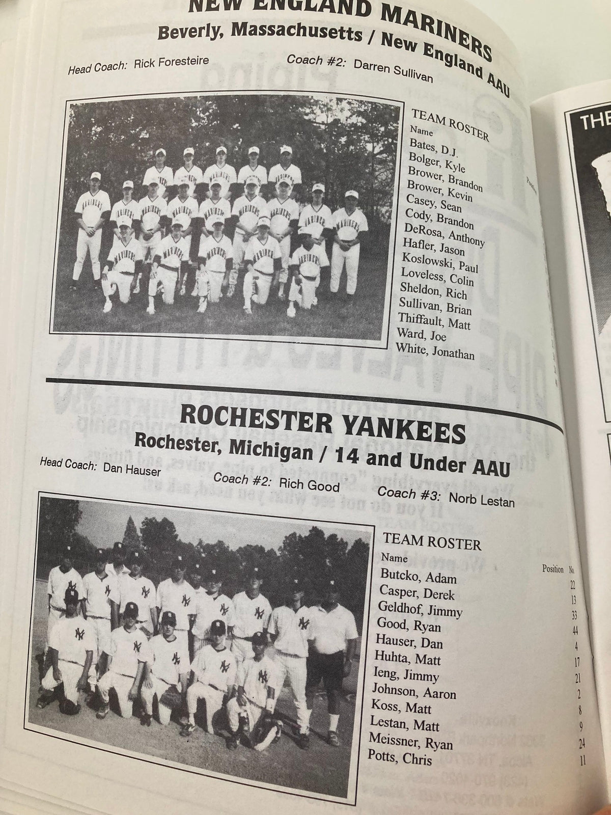 August 2-9 1996 AAU 14 & Under National Baseball Championship Official Program displaying the New England Mariners and Rochester Yankees team rosters.