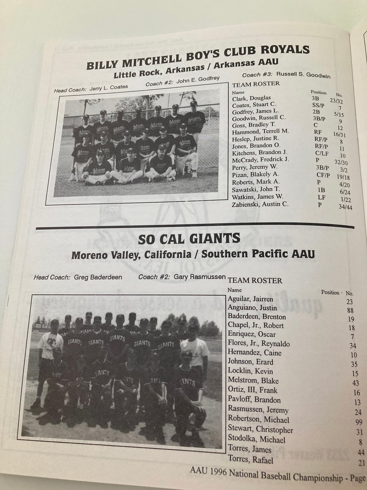 August 2-9 1996 AAU 14 & Under National Baseball Championship Official Program featuring the Billy Mitchell Boy's Club Royals and So Cal Giants team rosters.