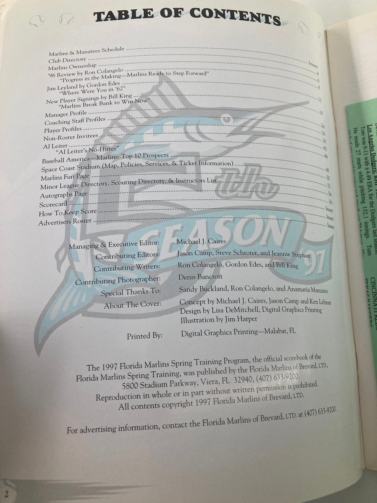 Table of contents page from the 1997 Spring Training Space Coast Stadium Brevard County Program listing key contributors and information.