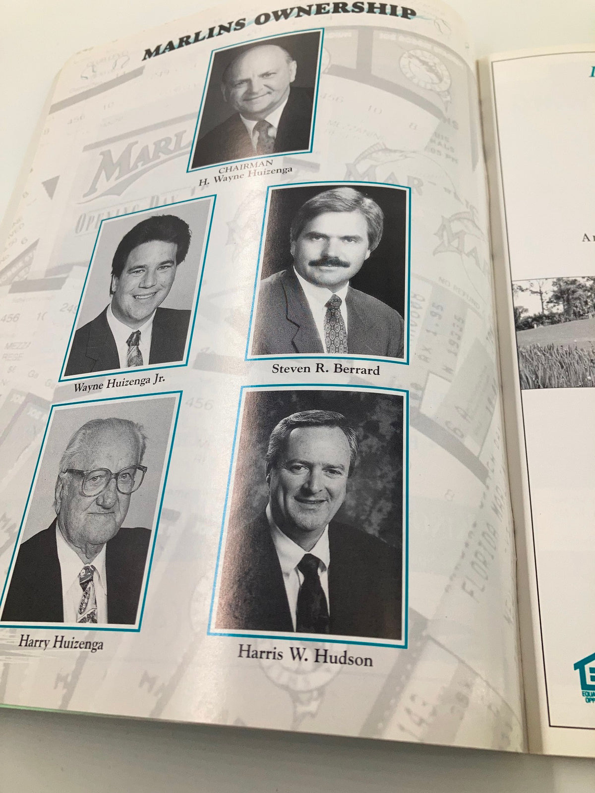 Page showcasing the Marlins ownership from the 1997 Spring Training Space Coast Stadium Brevard County Program with black and white photos.