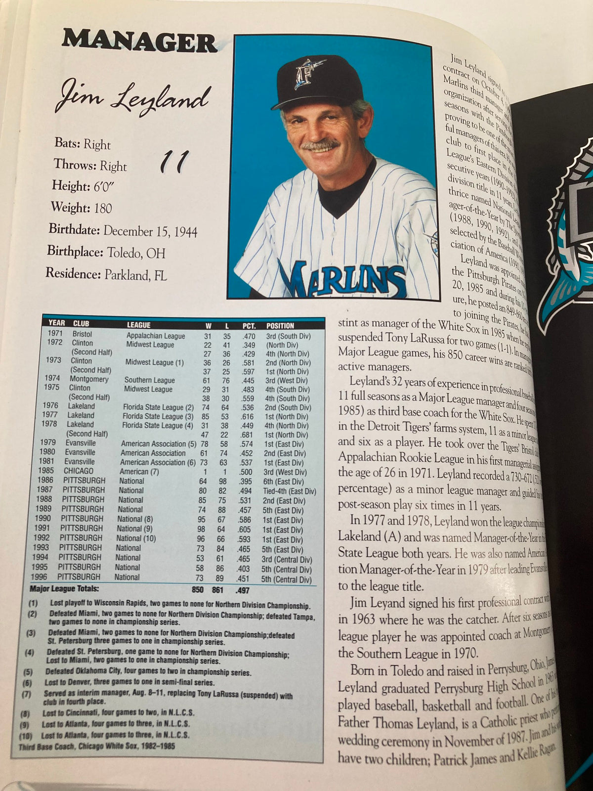 1997 Spring Training Space Coast Stadium Brevard County Program with a profile of Jim Leyland, the manager of the Florida Marlins, including his statistics and biography.