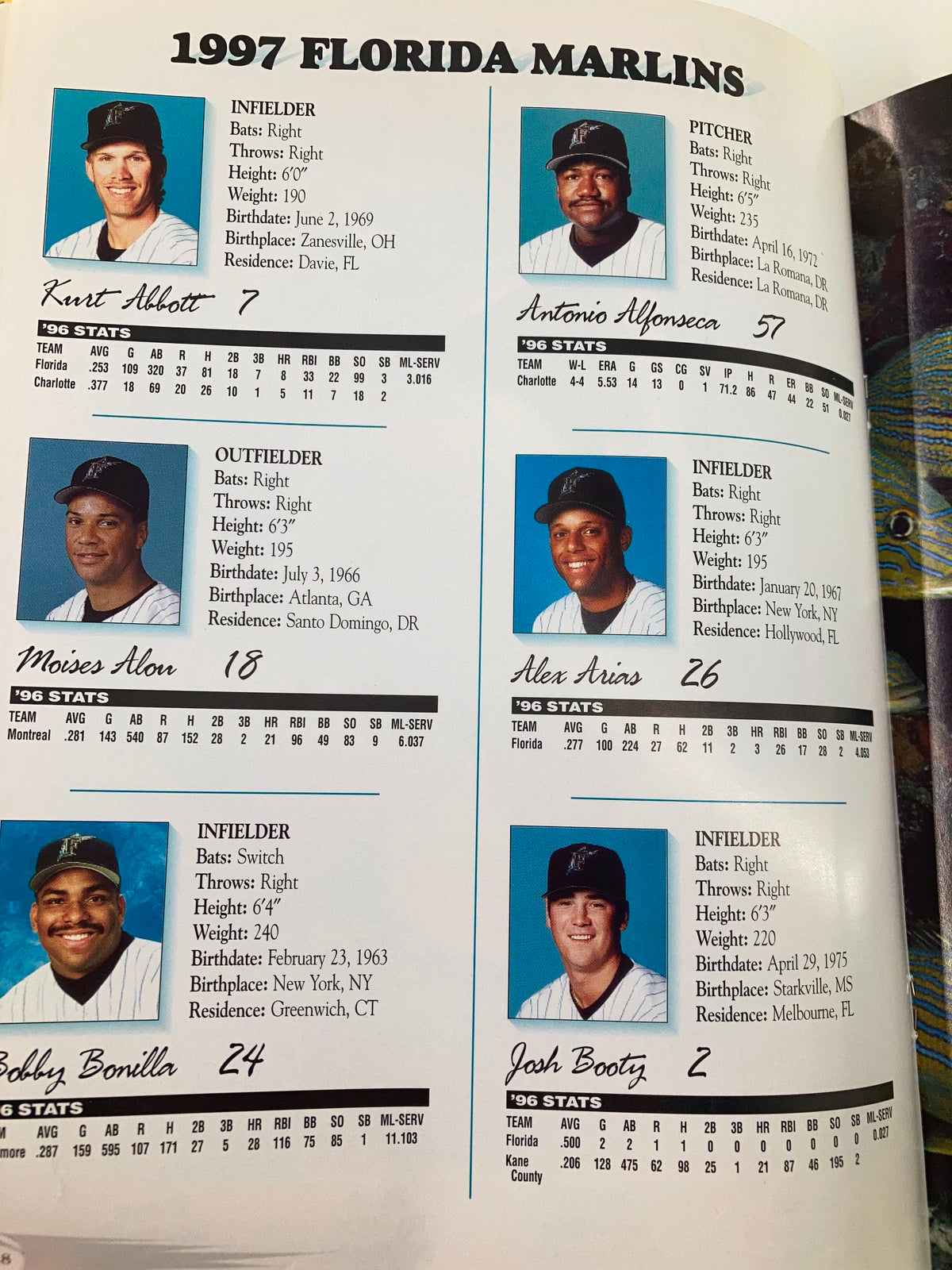 1997 Spring Training Space Coast Stadium Brevard County Program showcasing key players of the 1997 Florida Marlins with their photos and statistics, including Moises Alou and Bobby Bonilla.