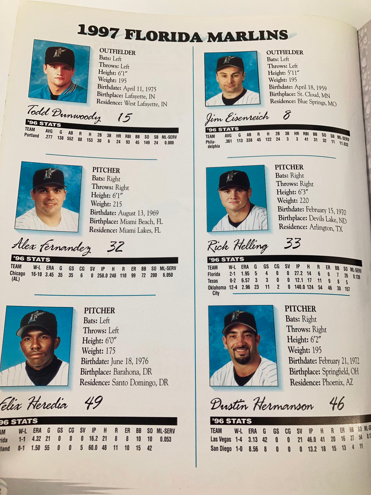 1997 Spring Training Space Coast Stadium Brevard County Program highlighting more members of the 1997 Florida Marlins team, including Todd Dunwoody and Alex Fernandez, alongside their stats.