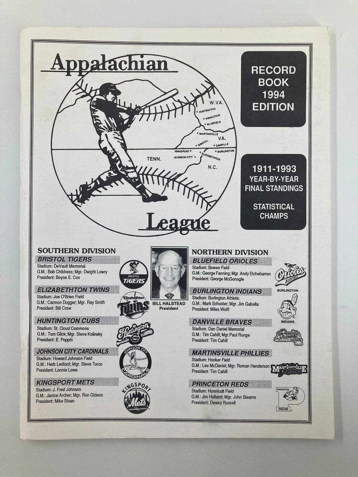 Cover page of the Record Book 1994 Edition Appalachian League Statistical Champs featuring a baseball player and league teams listed.