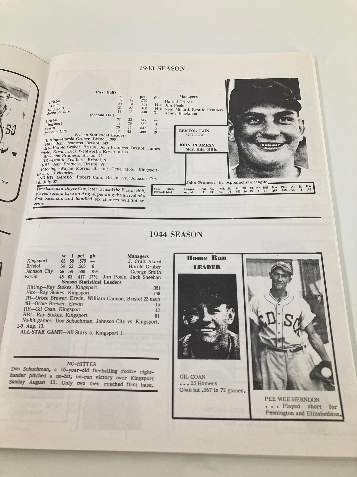 Season statistics from the 1943 and 1944 Appalachian League, featuring player profiles and a highlight of Pee Wee Herndon, in the Record Book 1994 Edition Appalachian League Statistical Champs.