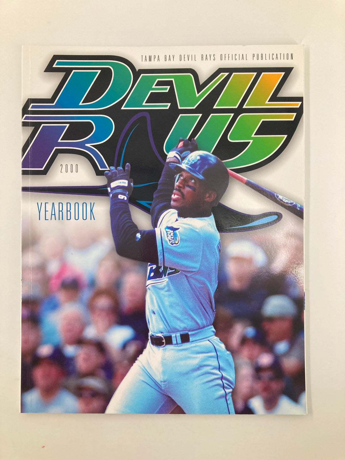 2000 MLB Devil R Us Yearbook cover featuring a player from the Tampa Bay Devil Rays, showcasing the team colors and logo.