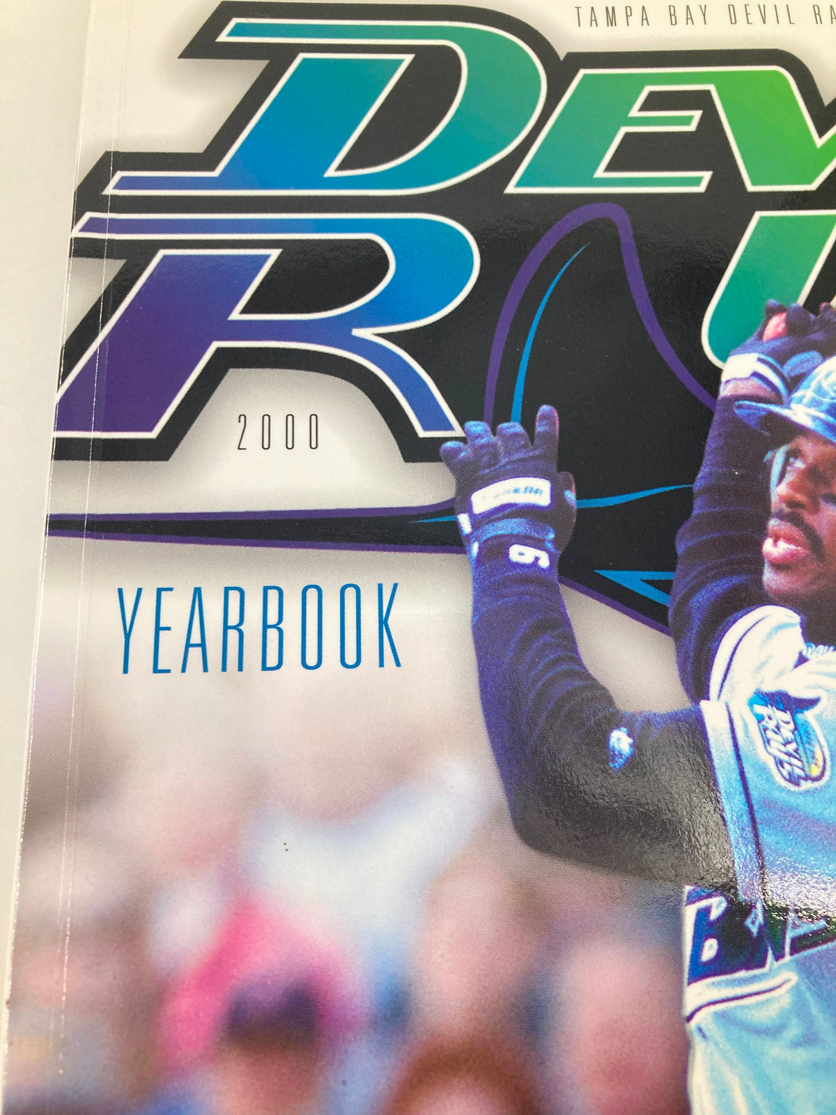 Close-up of the 2000 MLB Devil R Us Yearbook showing the title and year, highlighting the Tampa Bay Devil Rays branding.